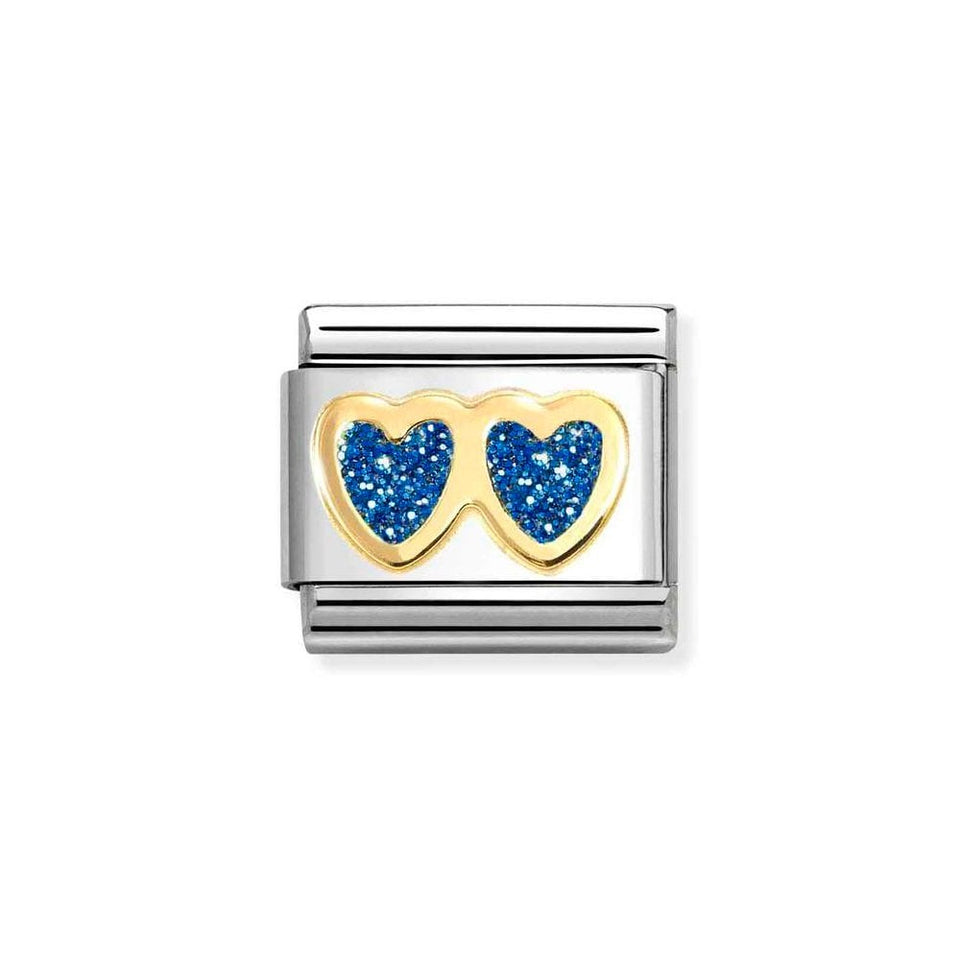 Nomination CLASSIC Gold Blue Glitter Double Heart Charm