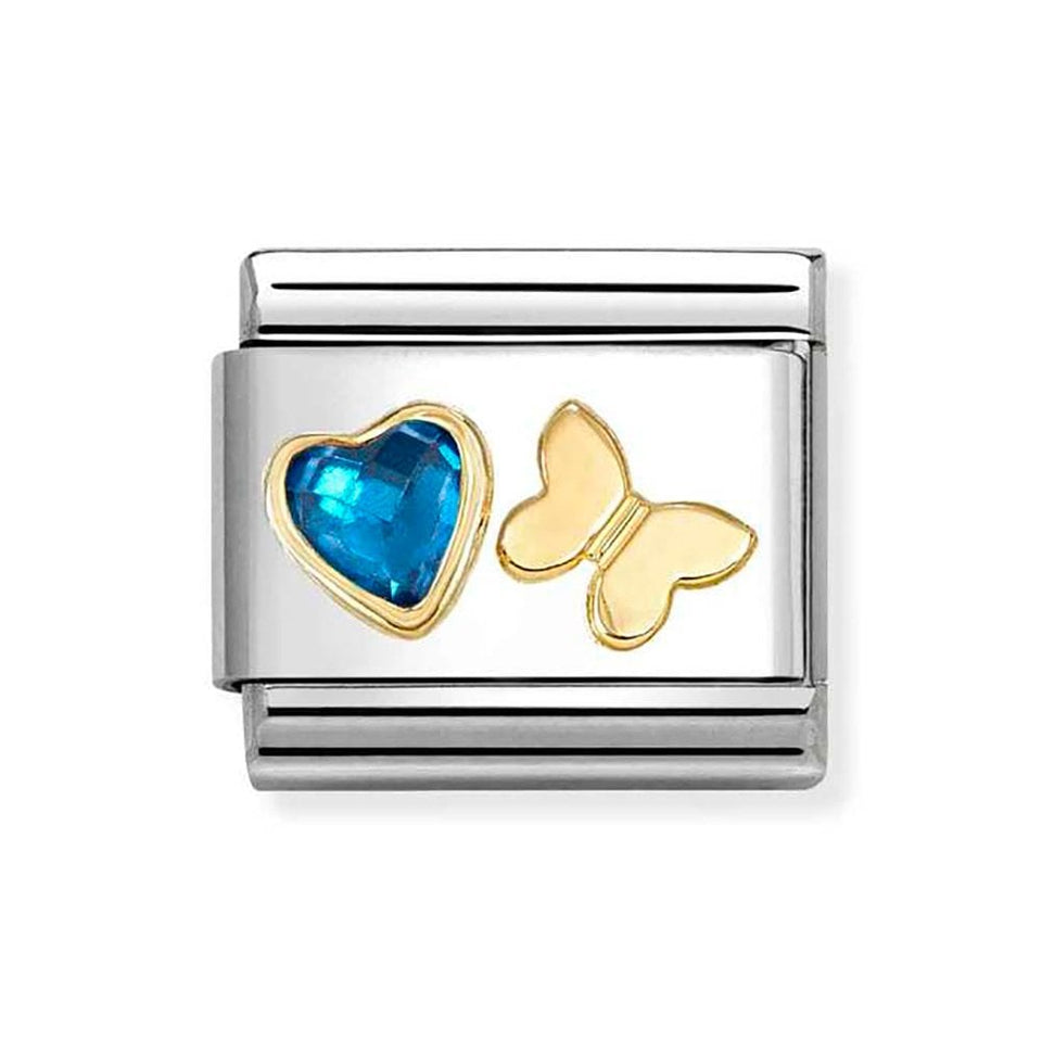 Nomination CLASSIC Gold Blue Stone Set Heart & Butterfly Charm