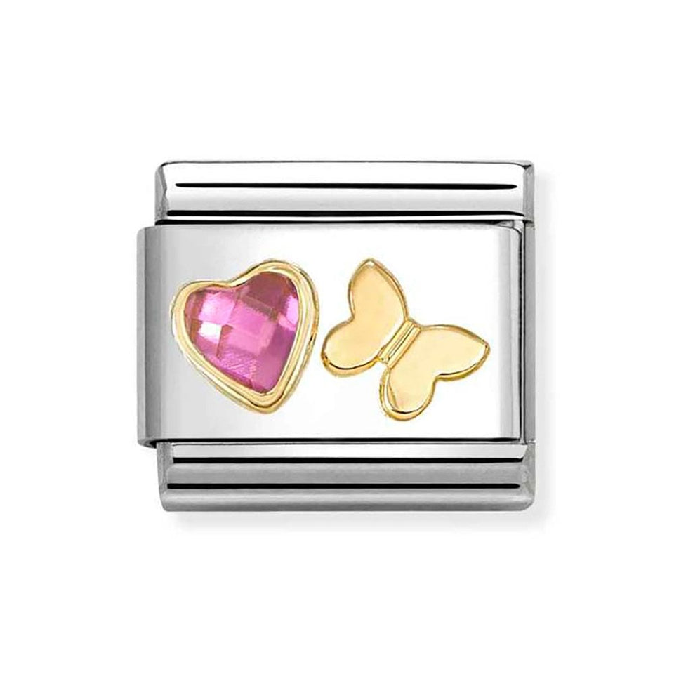Nomination CLASSIC Gold Dark Pink Stone Set Heart & Butterfly Charm