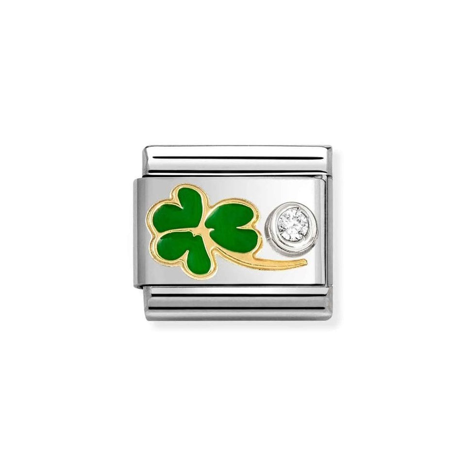 Nomination CLASSIC Gold Green Clover with White Stone Charm