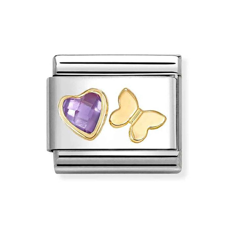 Nomination CLASSIC Gold Purple Stone Set Heart & Butterfly Charm