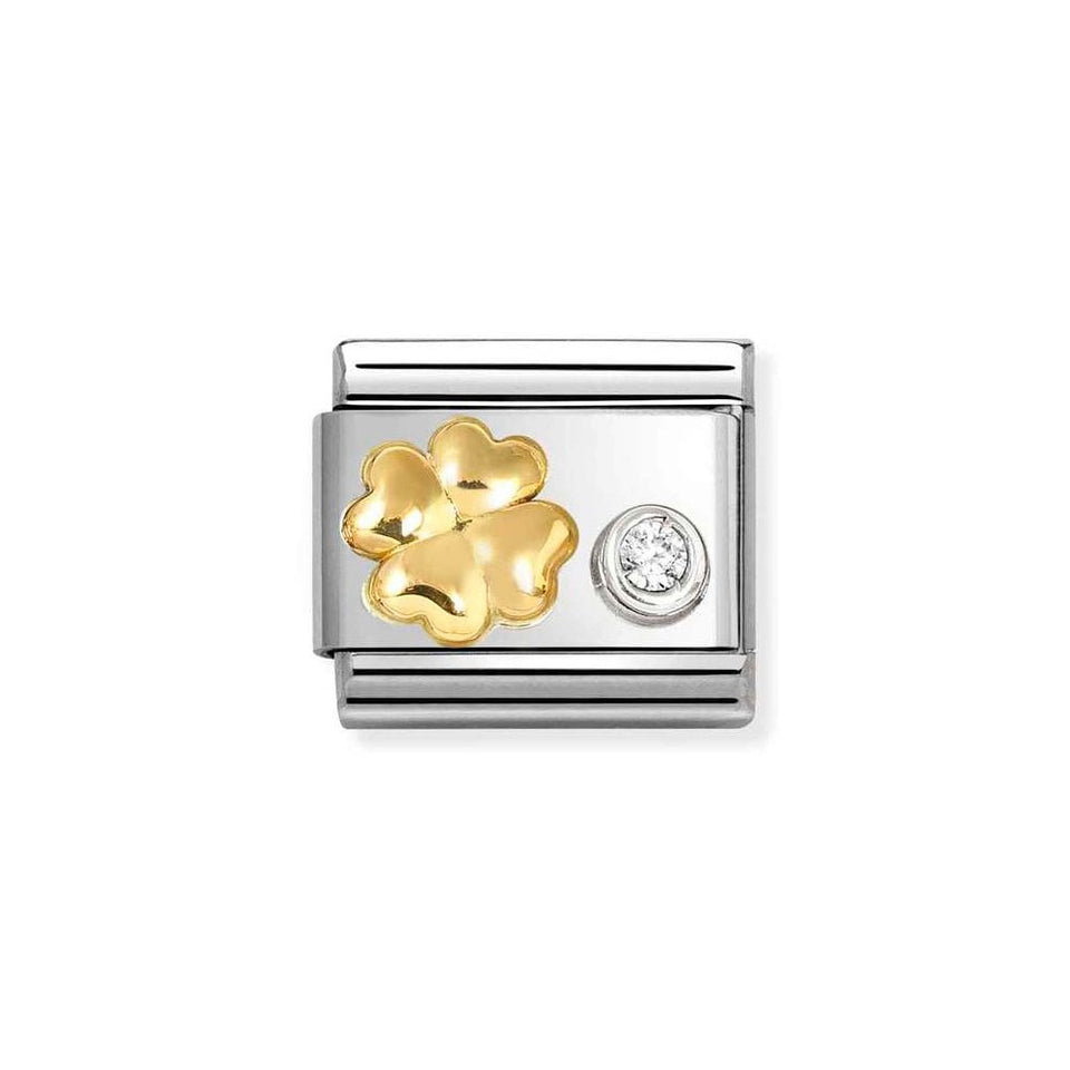 Nomination CLASSIC Gold Raised Four-leaf Clover with White Stone Charm