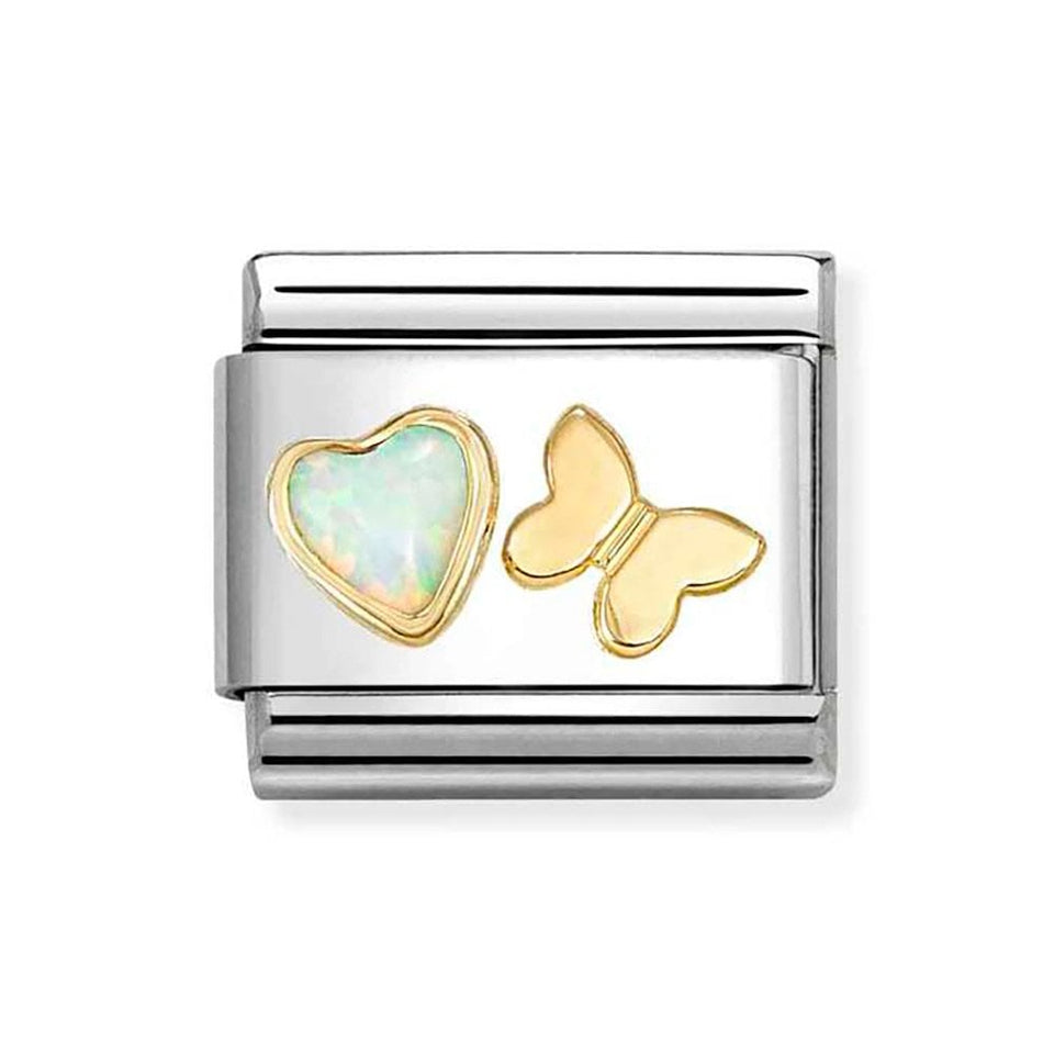 Nomination CLASSIC Gold White Opal Heart & Butterfly Charm