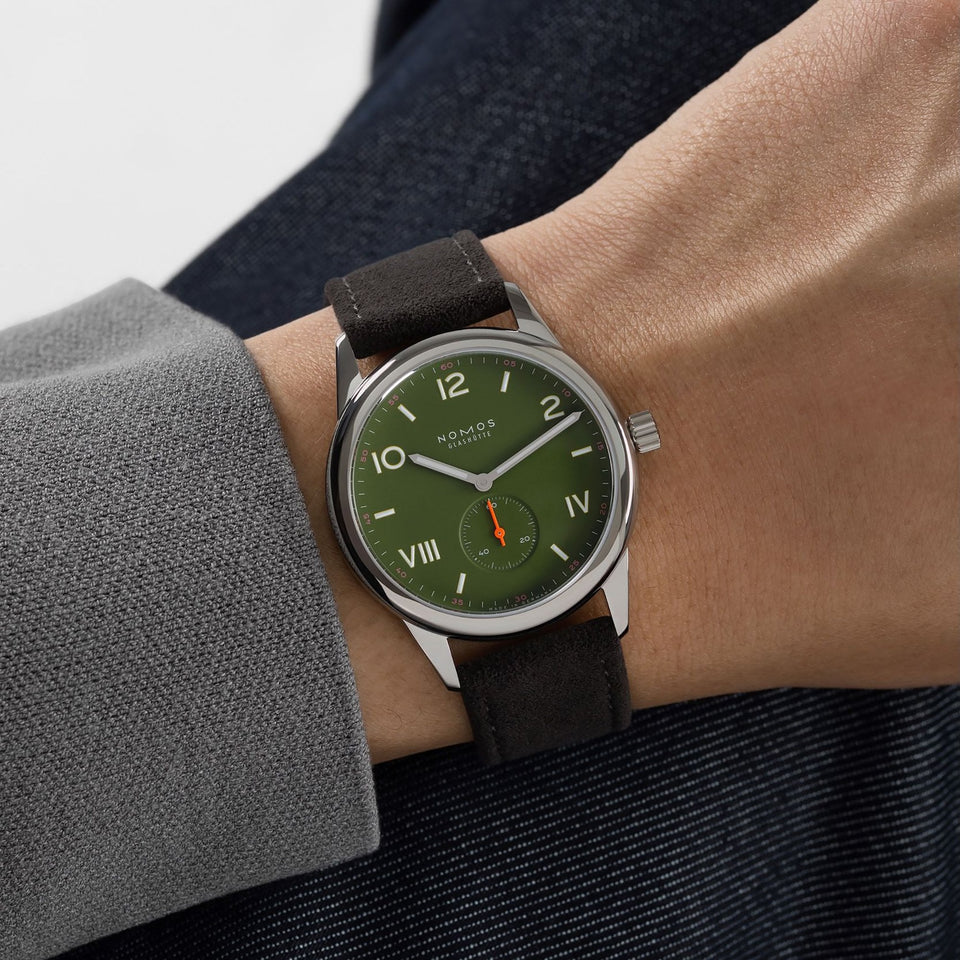 NOMOS Glashütte Club Campus All Olive Dial 38mm Hand Wound Watch | Exhibition Caseback