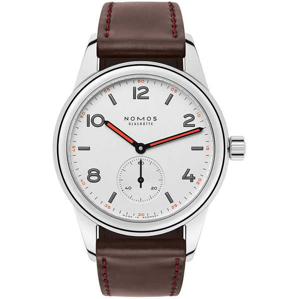 NOMOS Glashütte Club Hand Wound 36mm Brown Leather Watch | Exhibition Caseback