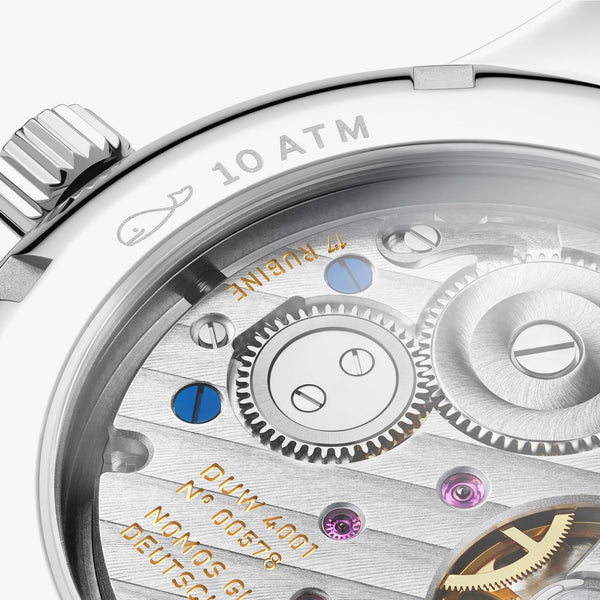 NOMOS Glashütte Club Hand Wound 36mm Brown Leather Watch | Exhibition Caseback