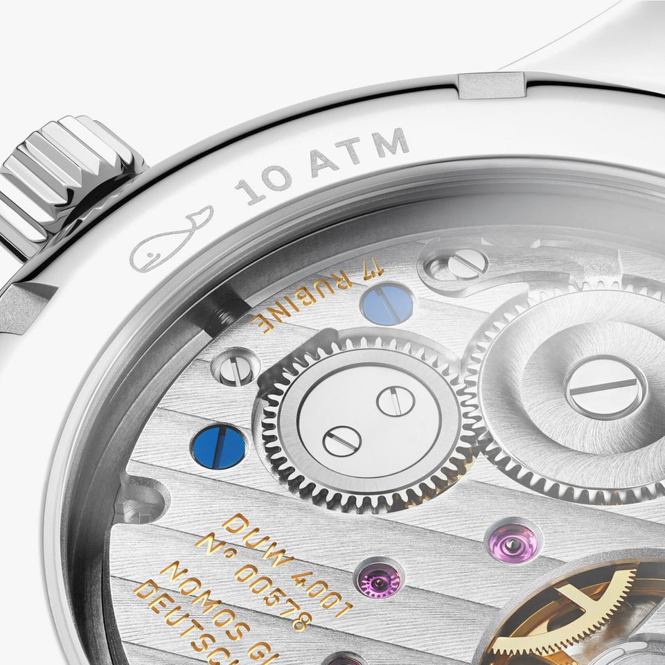 NOMOS Glashütte Club Hand Wound 36mm Brown Leather Watch | Exhibition Caseback
