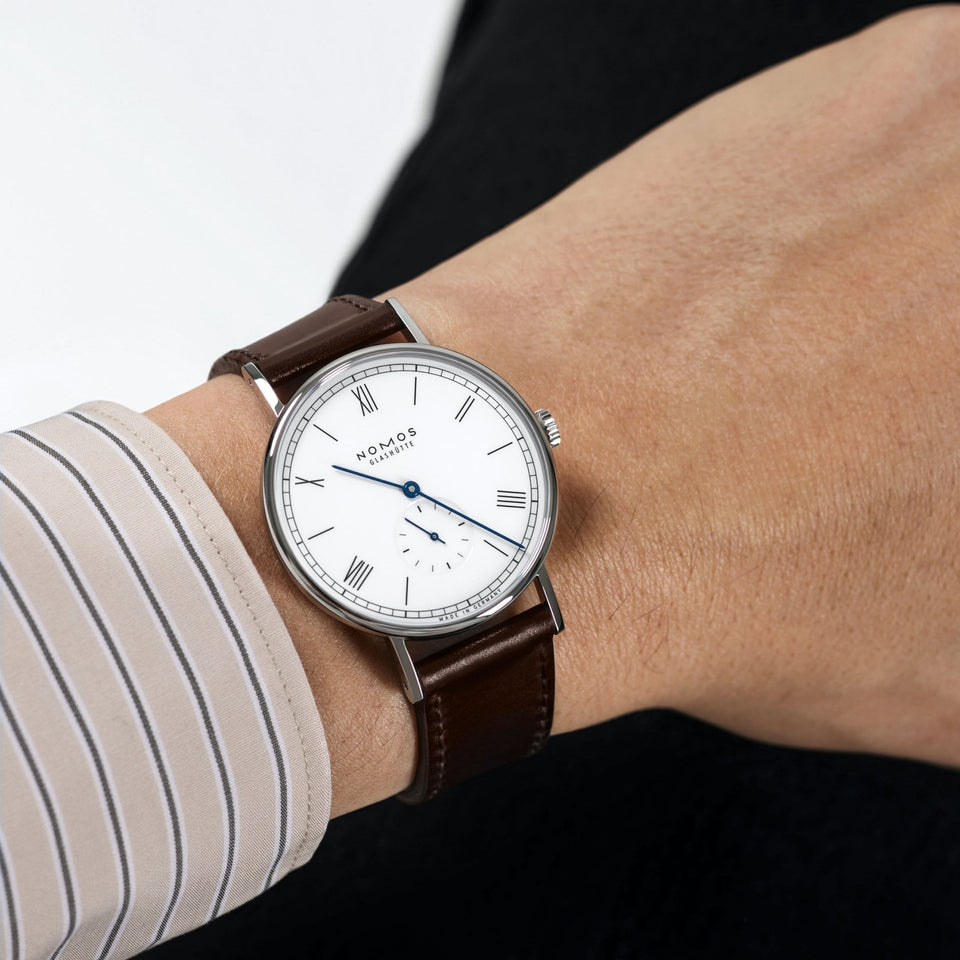 NOMOS Glashütte Ludwig 38 Enamel White Dial Hand Wound Watch | Exhibition Caseback