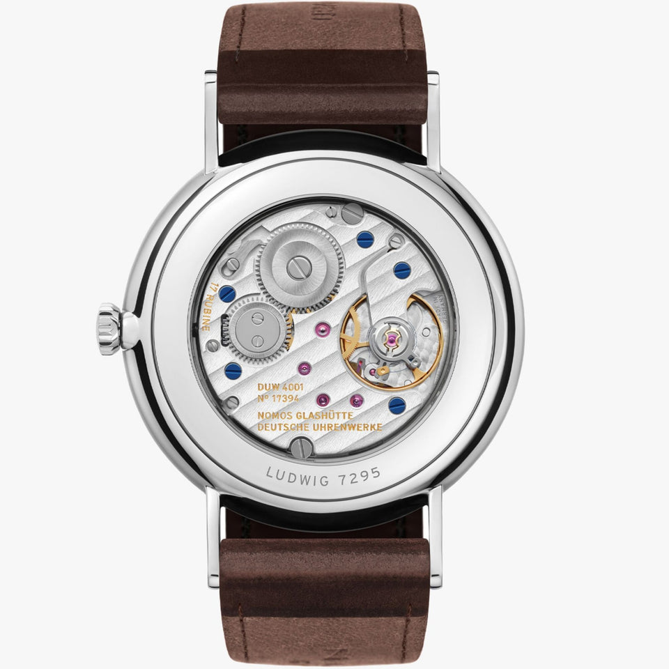 NOMOS Glashütte Ludwig 38 Enamel White Dial Hand Wound Watch | Exhibition Caseback