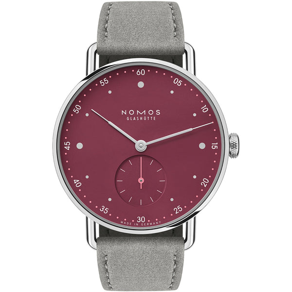 NOMOS Glashütte Metro 33 Muted Red Dial Hand Wound Watch | Exhibition Caseback