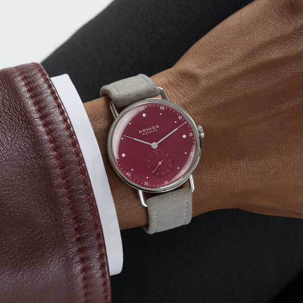 NOMOS Glashütte Metro 33 Muted Red Dial Hand Wound Watch | Exhibition Caseback