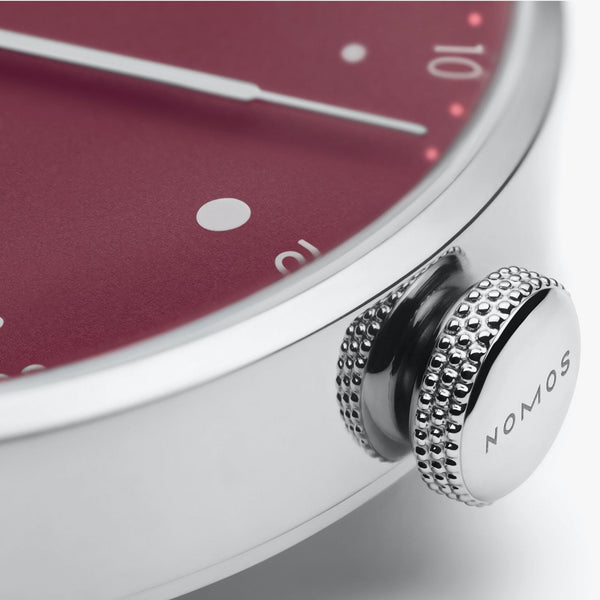 NOMOS Glashütte Metro 33 Muted Red Dial Hand Wound Watch | Exhibition Caseback