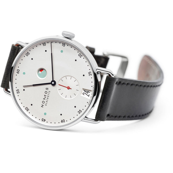 NOMOS Glashütte Metro Date Power Reserve White Dial 37mm Hand Wound Watch | Exhibition Caseback
