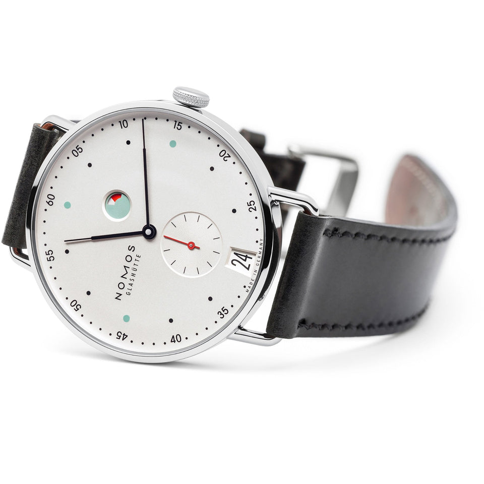 NOMOS Glashütte Metro Date Power Reserve White Dial 37mm Hand Wound Watch | Exhibition Caseback