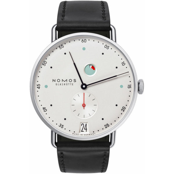 NOMOS Glashütte Metro Date Power Reserve White Dial 37mm Hand Wound Watch | Exhibition Caseback