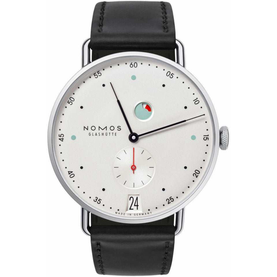NOMOS Glashütte Metro Date Power Reserve White Dial 37mm Hand Wound Watch | Exhibition Caseback