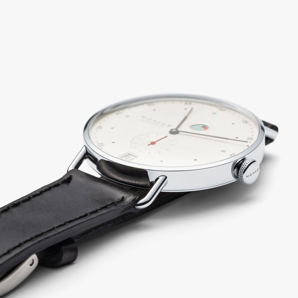 NOMOS Glashütte Metro Date Power Reserve White Dial 37mm Hand Wound Watch | Exhibition Caseback