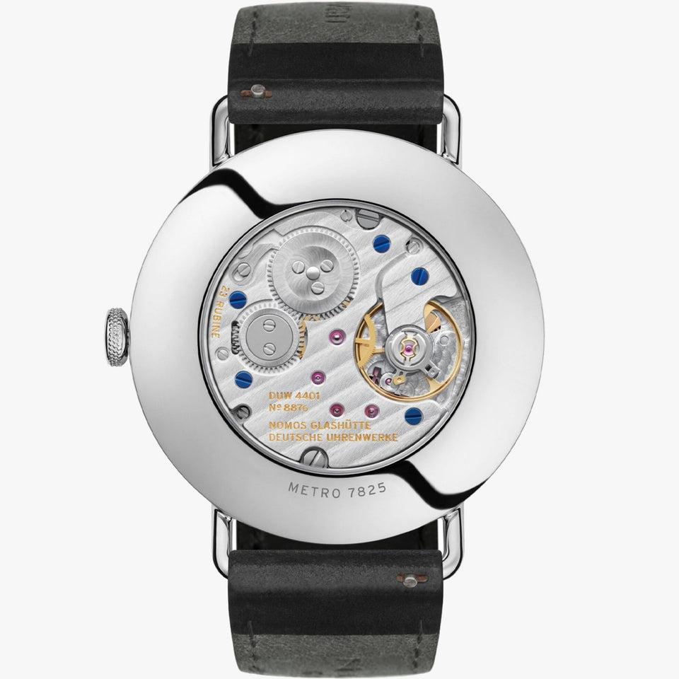 NOMOS Glashütte Metro Date Power Reserve White Dial 37mm Hand Wound Watch | Exhibition Caseback