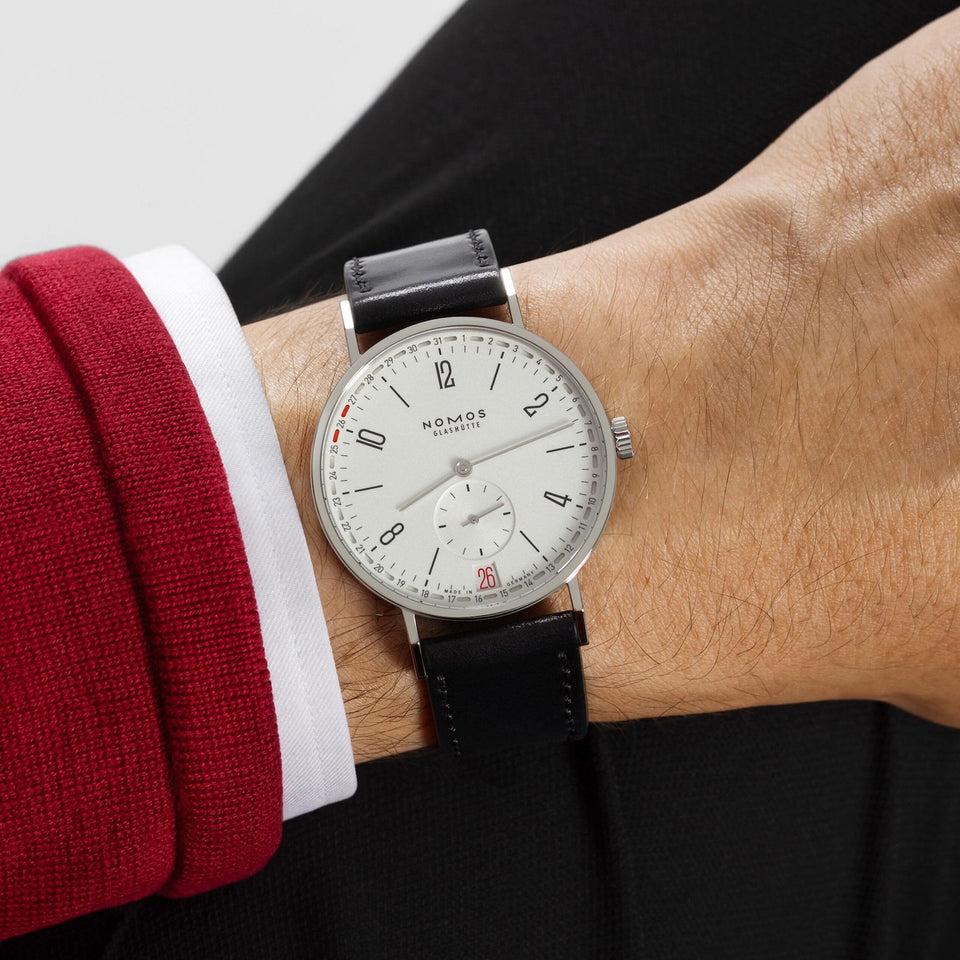 NOMOS Glashütte Tangente 2DATE 38mm White Dial Hand Wound Watch | Exhibition Caseback
