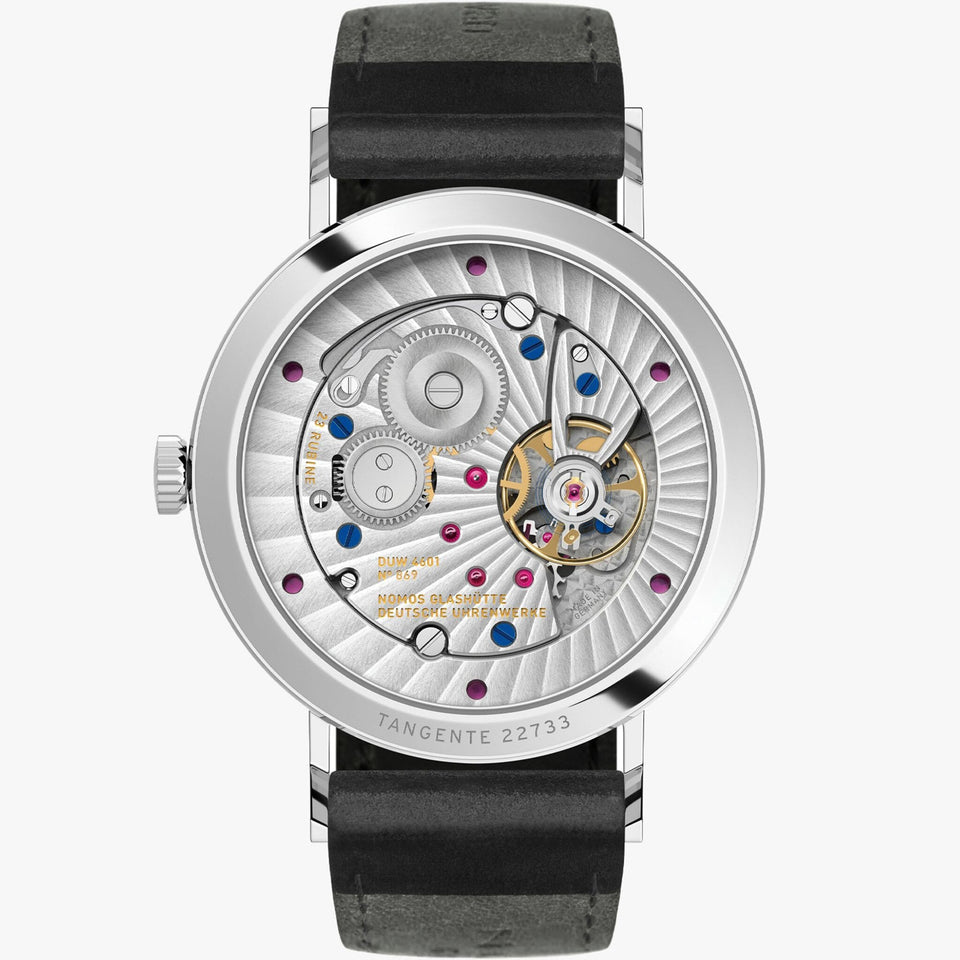 NOMOS Glashütte Tangente 2DATE 38mm White Dial Hand Wound Watch | Exhibition Caseback
