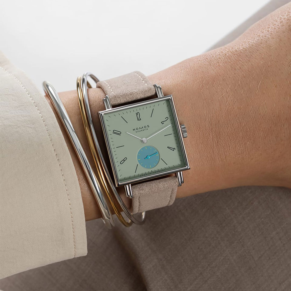 NOMOS Glashütte Tetra Origins Salvia Square Dial Hand Wound Watch | Exhibition Caseback