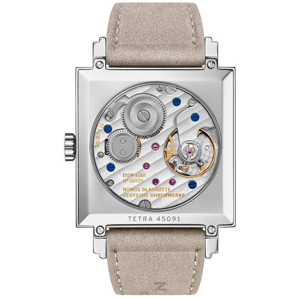 NOMOS Glashütte Tetra Origins Terra Square Dial Hand Wound Watch | Exhibition Caseback