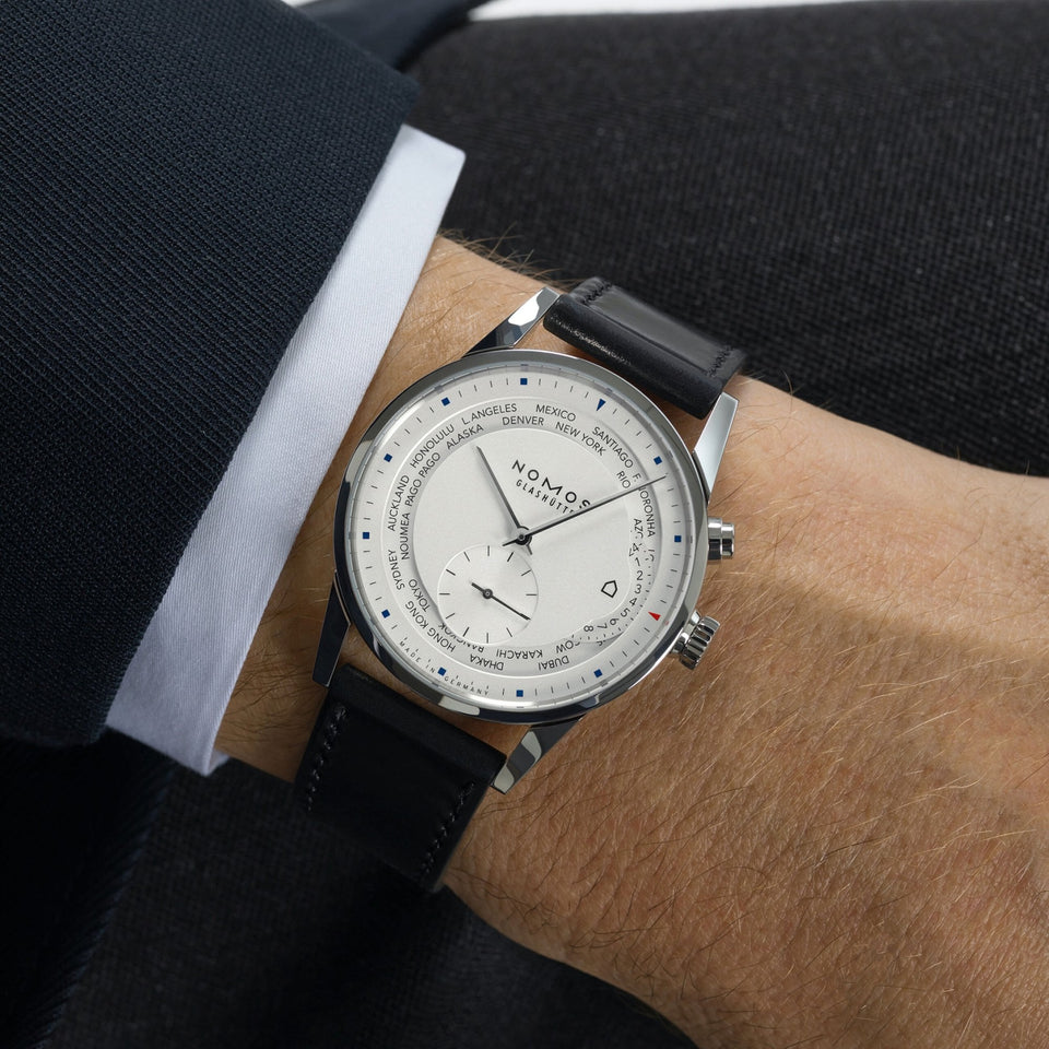 NOMOS Glashütte Zürich Worldtimer White Dial 40mm Automatic Watch | Exhibition Caseback