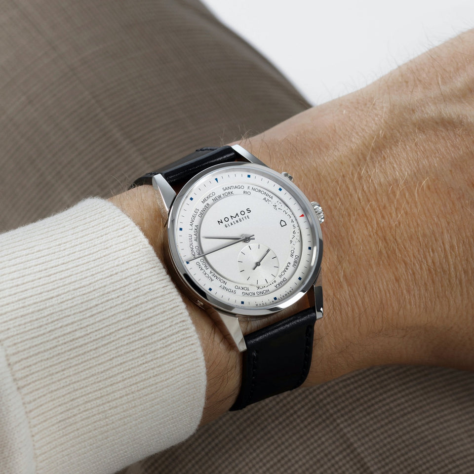 NOMOS Glashütte Zürich Worldtimer White Dial 40mm Automatic Watch | Exhibition Caseback