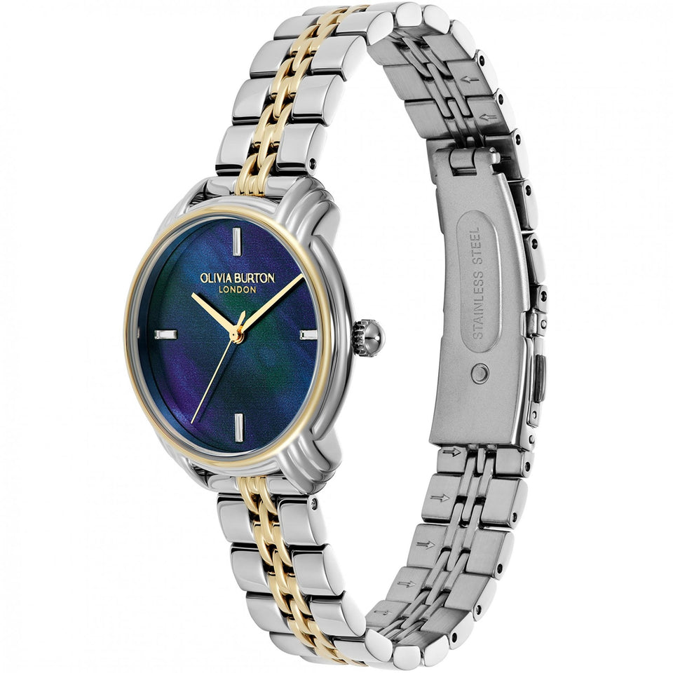 Olivia Burton Ladies Art Deco 2.0 Navy Mother Of Pearl Dial Two Tone Watch