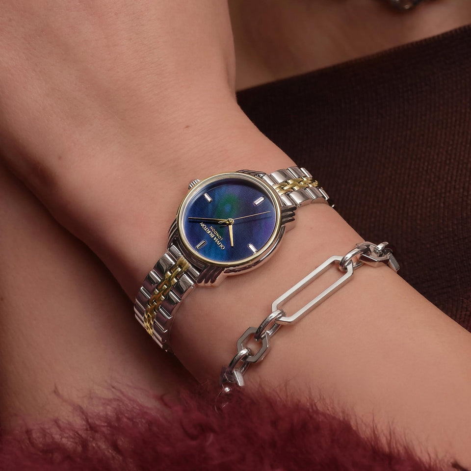 Olivia Burton Ladies Art Deco 2.0 Navy Mother Of Pearl Dial Two Tone Watch