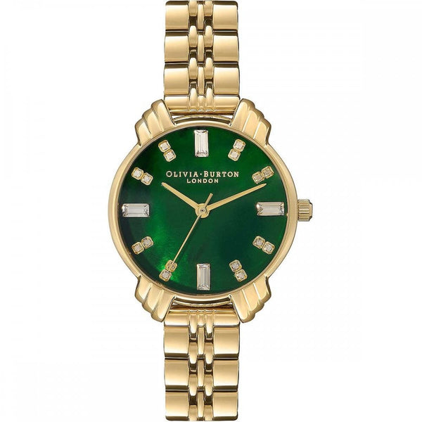 Olivia Burton Ladies Art Deco 30mm Green Dial Gold Bracelet Watch