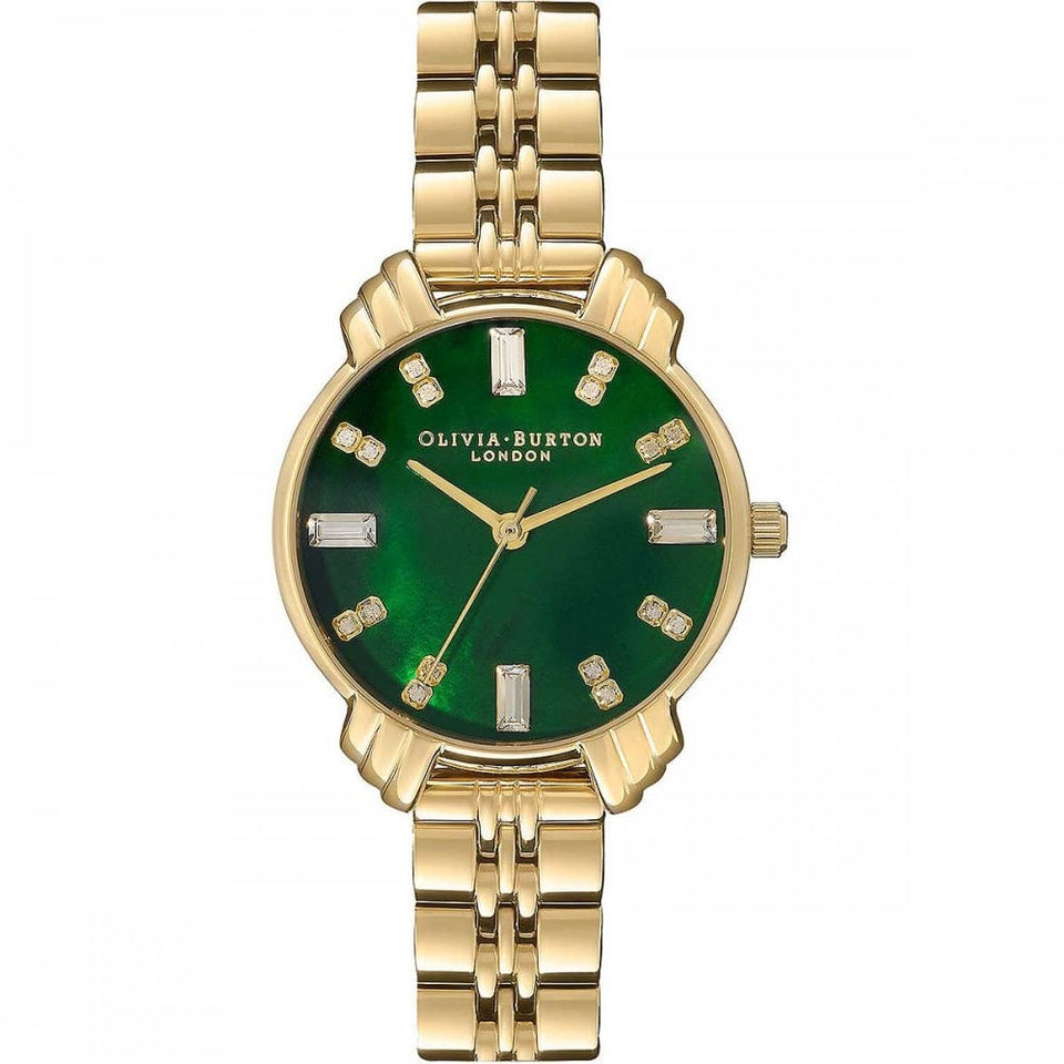 Olivia Burton Ladies Art Deco 30mm Green Dial Gold Bracelet Watch