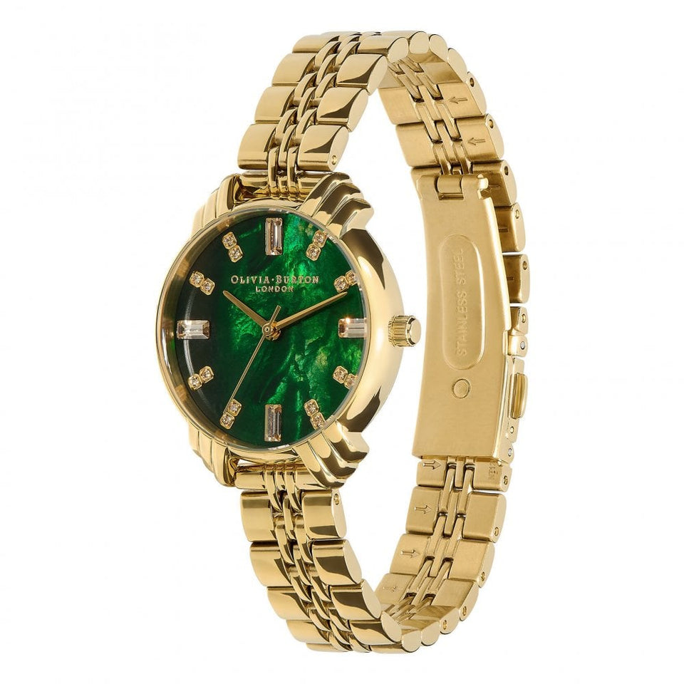 Olivia Burton Ladies Art Deco 30mm Green Dial Gold Bracelet Watch