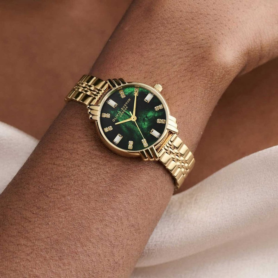 Olivia Burton Ladies Art Deco 30mm Green Dial Gold Bracelet Watch