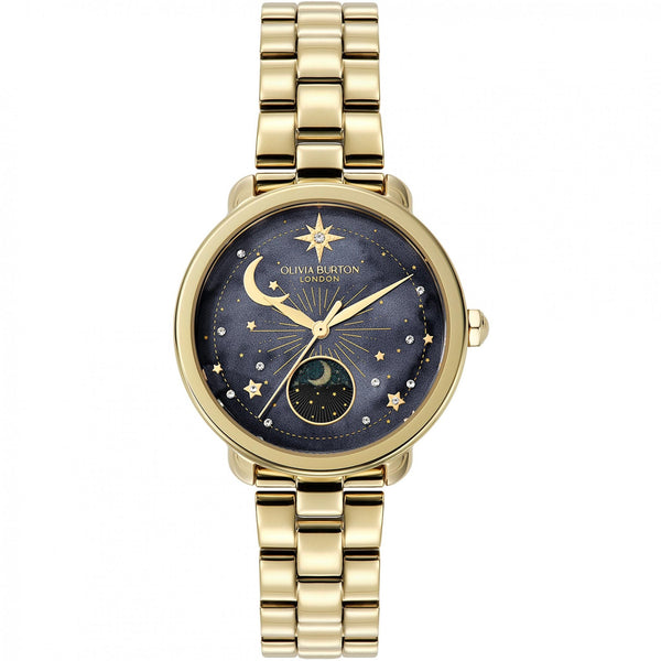 Olivia Burton Ladies Celestial Black Dial Gold Toned Moon Phase Watch