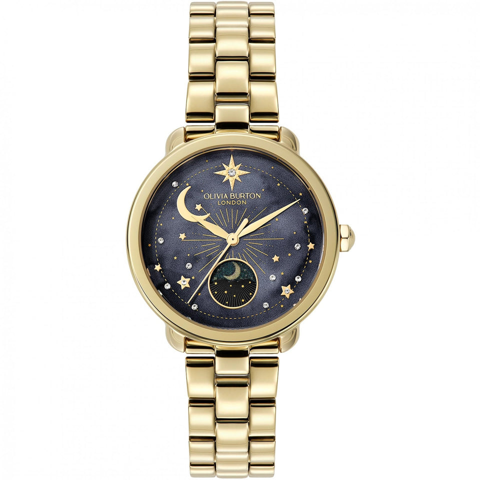 Olivia Burton Ladies Celestial Black Dial Gold Toned Moon Phase Watch