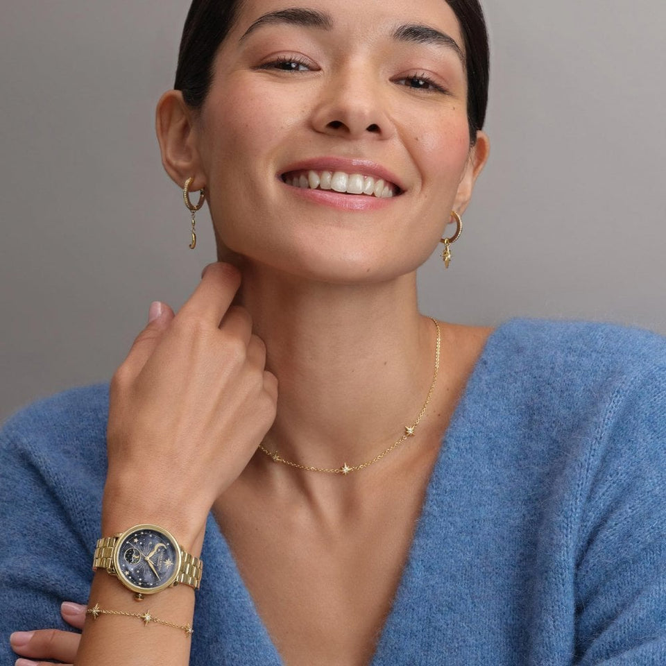 Olivia Burton Ladies Celestial Black Dial Gold Toned Moon Phase Watch