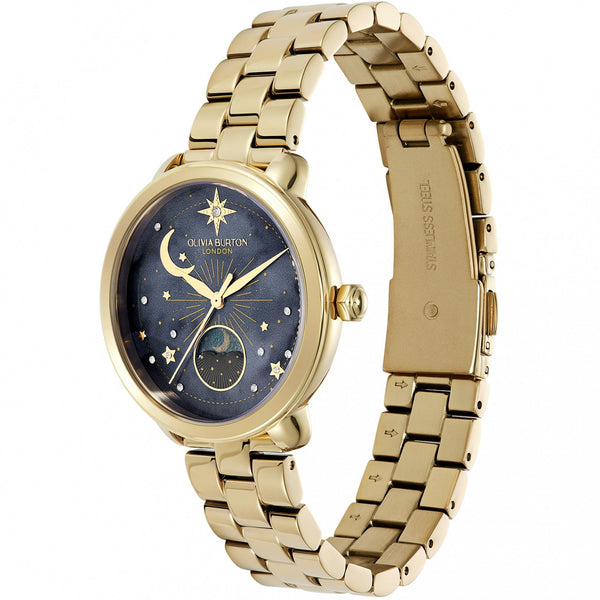 Olivia Burton Ladies Celestial Black Dial Gold Toned Moon Phase Watch