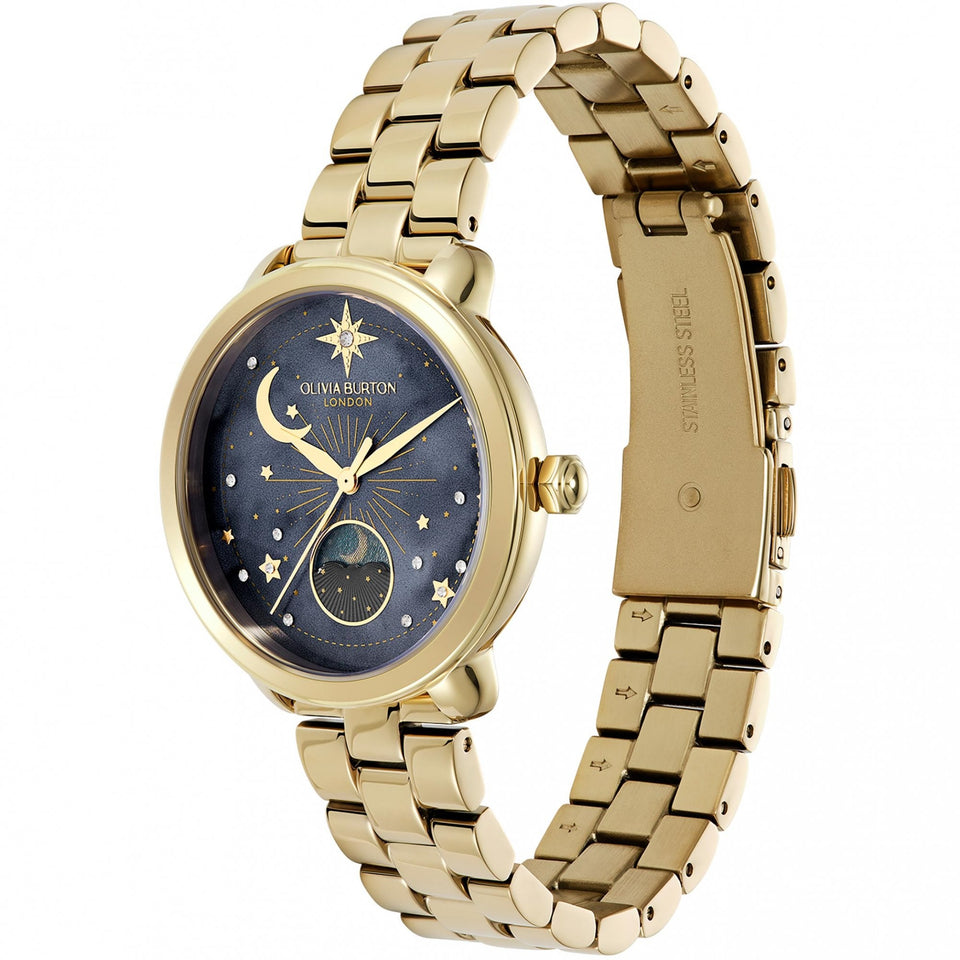 Olivia Burton Ladies Celestial Black Dial Gold Toned Moon Phase Watch