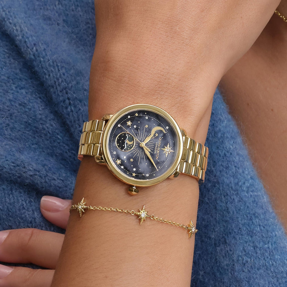 Olivia Burton Ladies Celestial Black Dial Gold Toned Moon Phase Watch