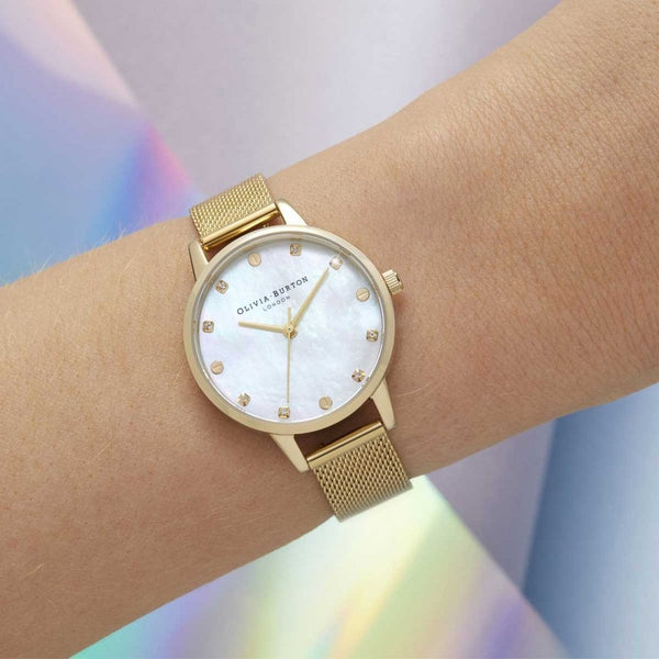 Olivia Burton Ladies Classic 30mm Mother Of Pearl Dial Gold Mesh Bracelet Watch