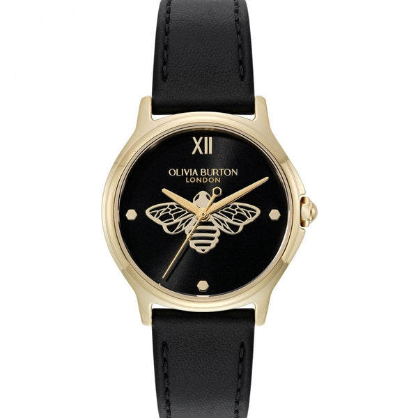 Olivia Burton Ladies Classic Bee Black Leather Strap Watch