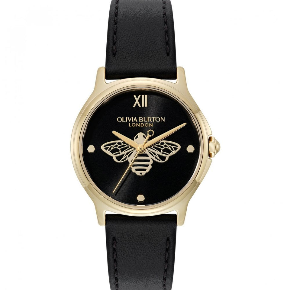 Olivia Burton Ladies Classic Bee Black Leather Strap Watch