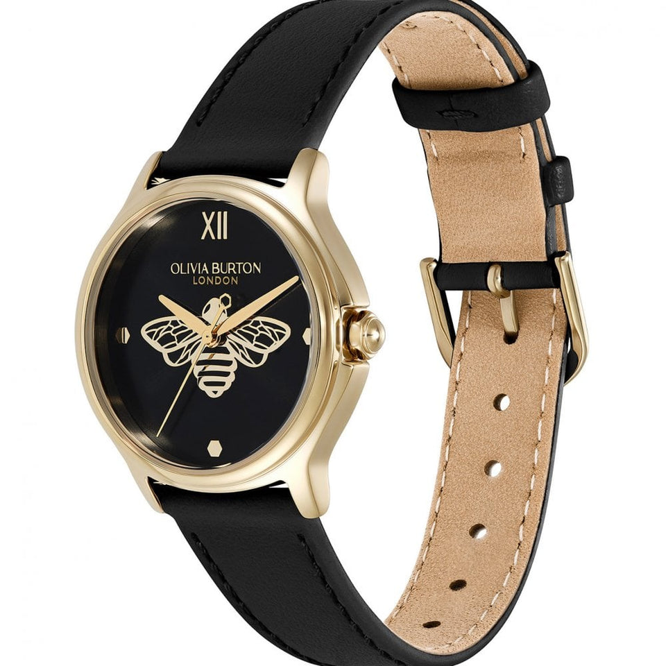 Olivia Burton Ladies Classic Bee Black Leather Strap Watch