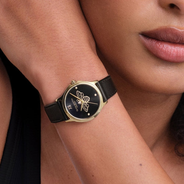 Olivia Burton Ladies Classic Bee Black Leather Strap Watch