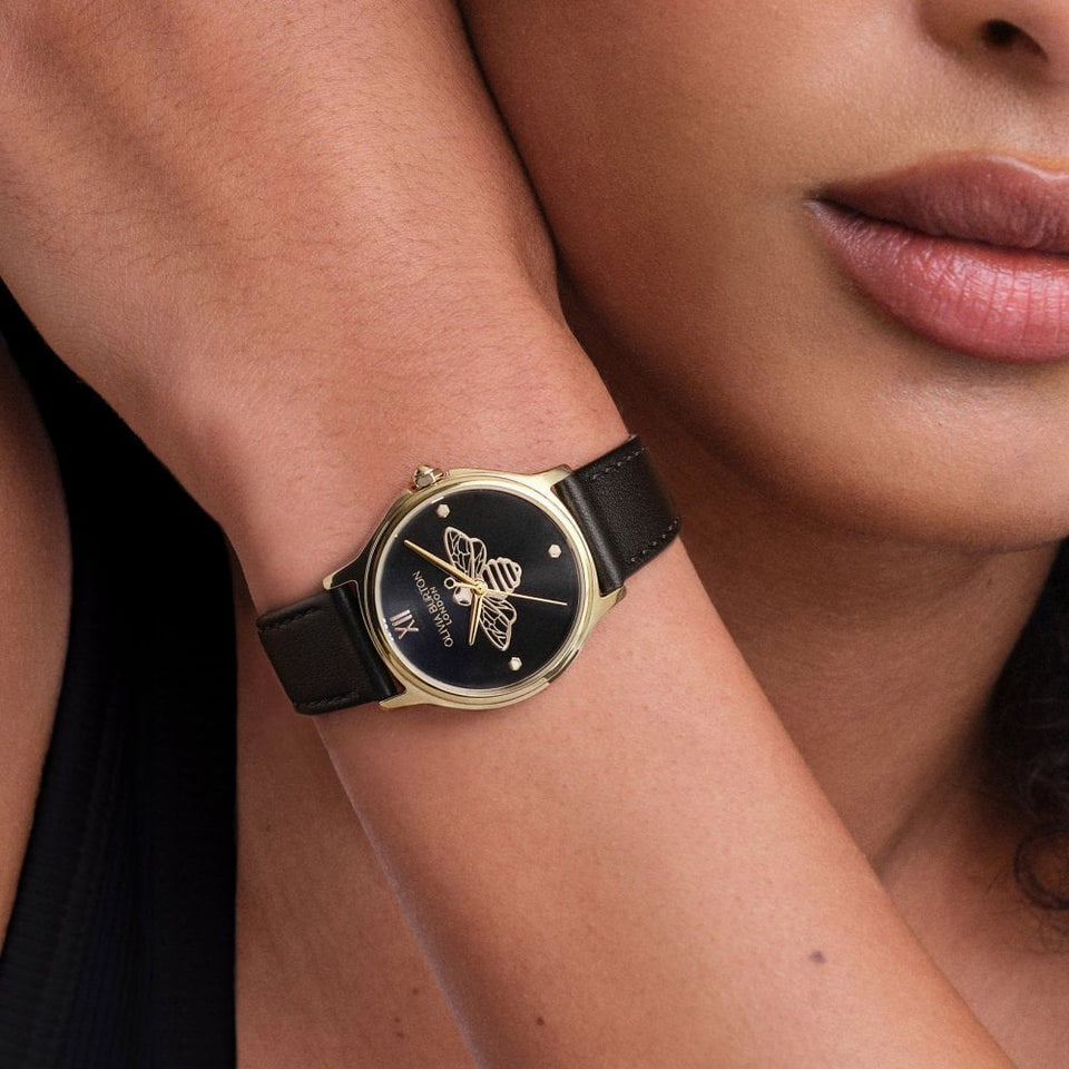 Olivia Burton Ladies Classic Bee Black Leather Strap Watch