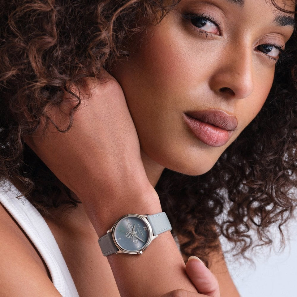 Olivia Burton Ladies Classic Bee Blue Leather Strap Watch