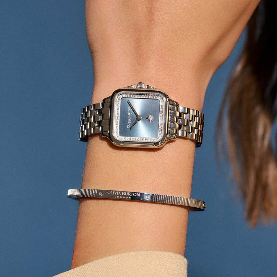 Olivia Burton Ladies Classic Grosvenor 28mm Blue Dial Bracelet Watch