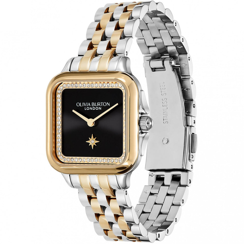 Olivia Burton Ladies Classic Grosvenor Black Dial Two Tone Watch