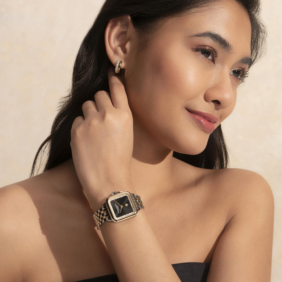 Olivia Burton Ladies Classic Grosvenor Black Dial Two Tone Watch